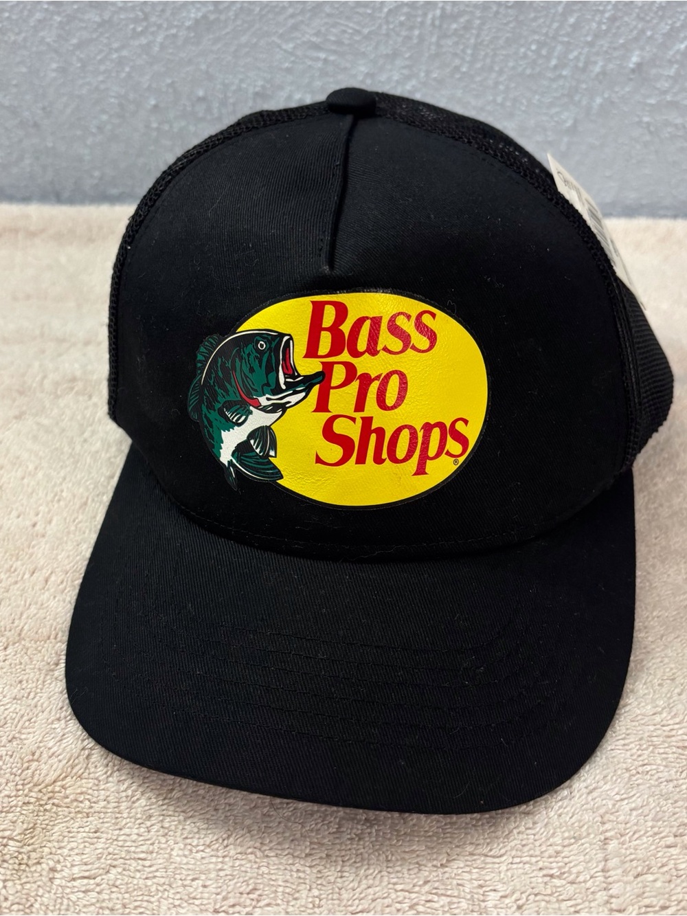 Bass Pro Shops Black Hat with Yellow Logo and Green Fish Unisex OSFM Mesh